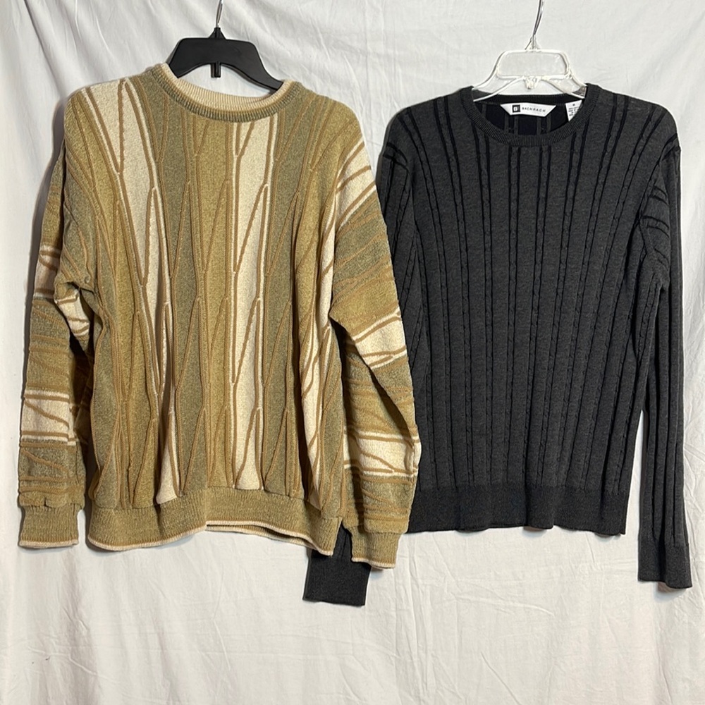 Mens Bachrach Sweater Bundle Medium Tan Grandpa Abstract Stripes Charcoal Gray